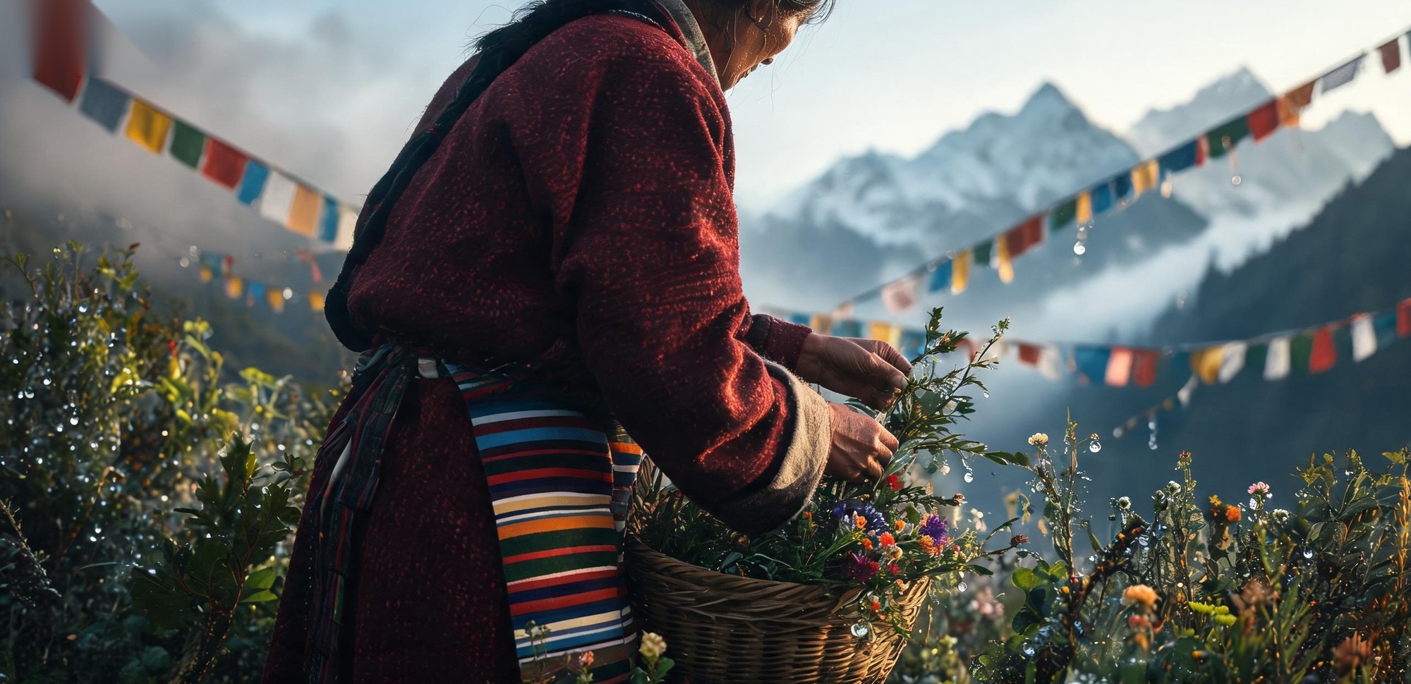An older woman gathering herbs on a sunlit slope above a valley.