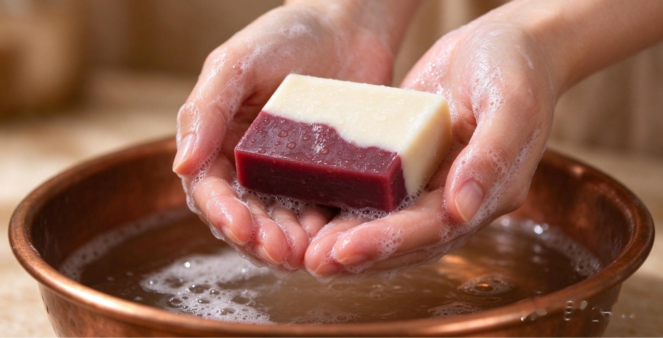 Hands cupping a soap bar over a warm copper basin.