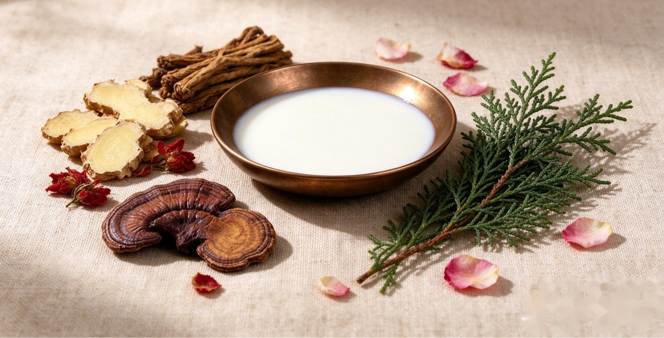 Ingredients laid out on linen: ginger, ginseng, lingzhi, cypress and a copper bowl of milk.