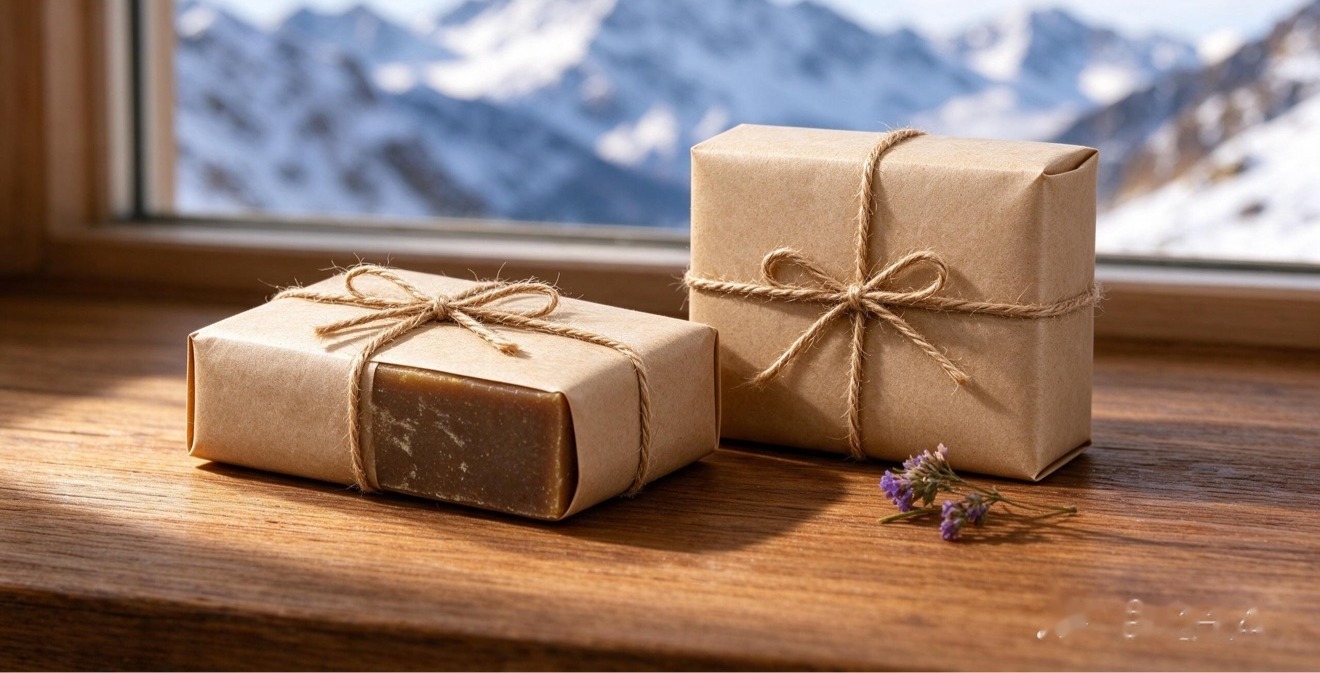 Two bars wrapped in kraft paper on a windowsill, snow mountains behind.