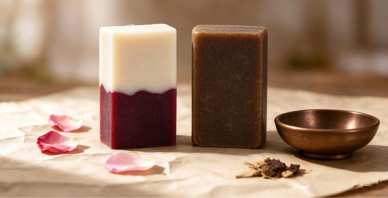 Two bars side by side: a rose face bar and a herbal shampoo bar.