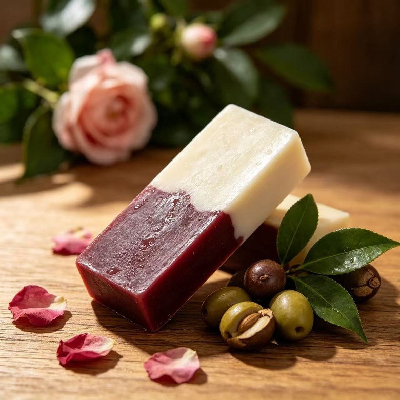 Rose face bar with rose petals and olive oil.