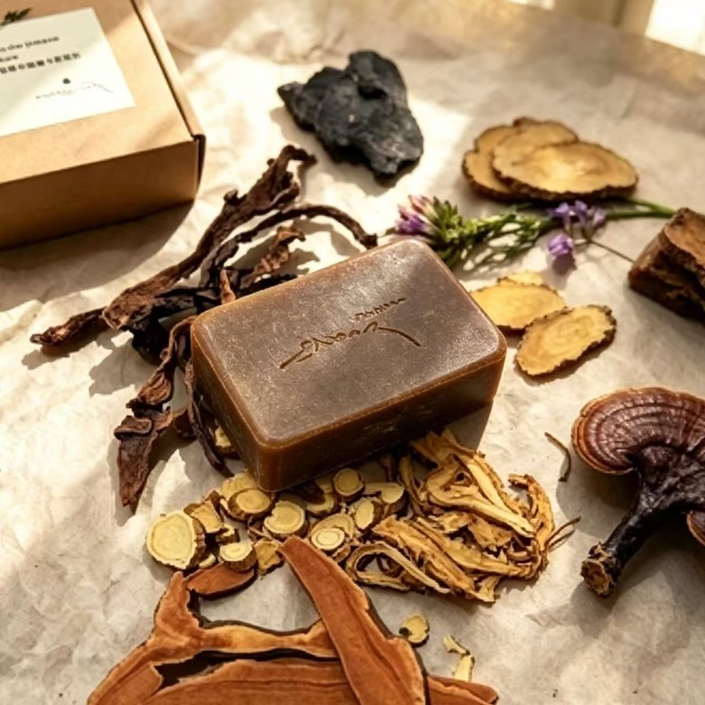 Herbal shampoo bar with dried herbs.