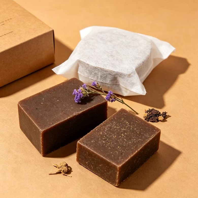 A wrapped herbal shampoo bar.